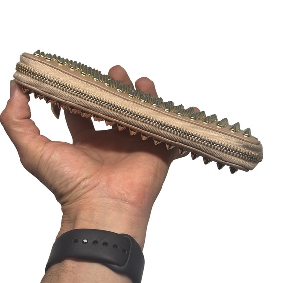 Christian Louboutin Studded Leather Zip Around Wallet Nude Gold Spikes - Picture 5 of 11